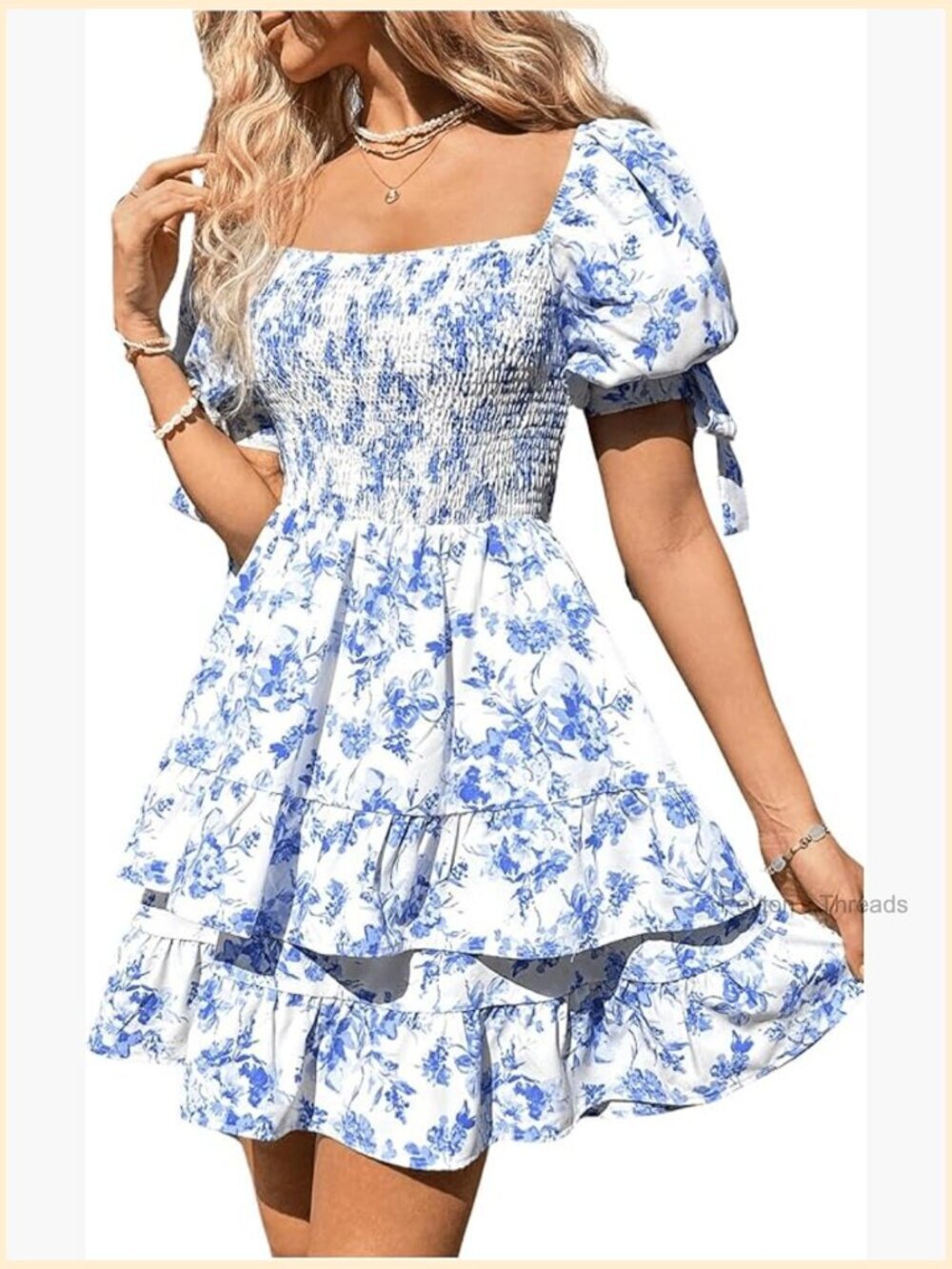 Floral Print Puff Sleeve Square Neck Tiered Layer Shirred Dress